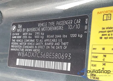 2011 BMW 335I из США, поврежденный, VIN WBADX7C56BE580693